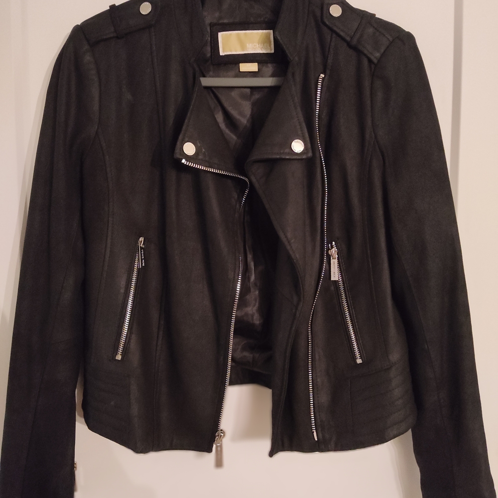 MICHAEL Michael Kors Black Leather Jacket with Silver Accents - Picture 1 of 3